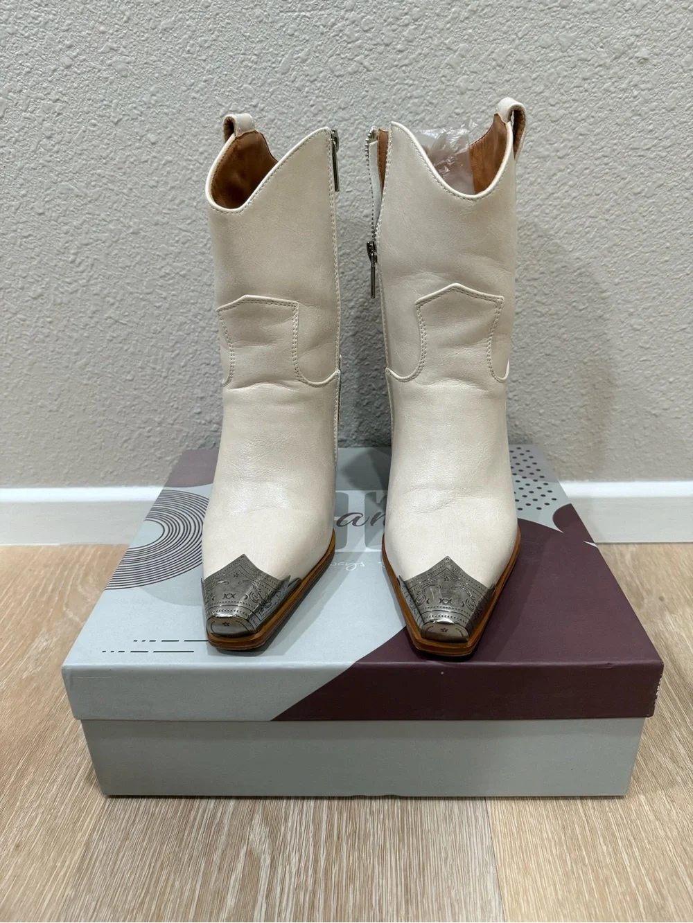 Cream Western Ankle Booties with Silver Toe Detail